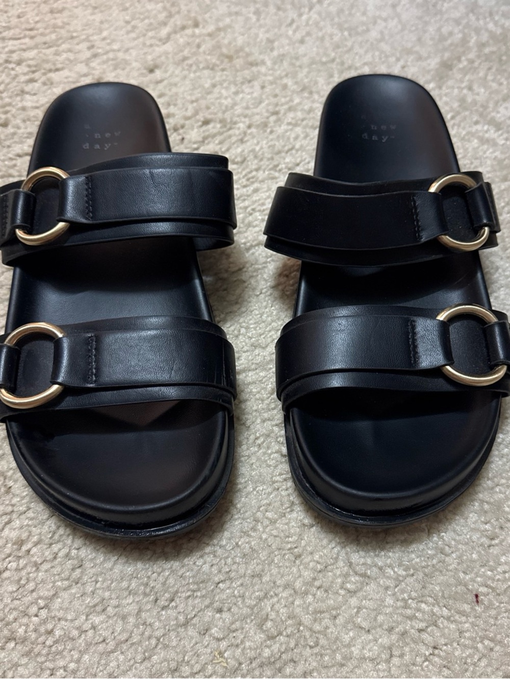 Black Platform Slide Sandals with Gold Ring Accent